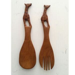 Handmade hand-carved African teak wood salad servers  giraffe design Kenya